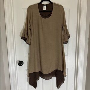 Brown Asymmetrical Ruffled Tunic Dress with Elbow-Length Sleeves